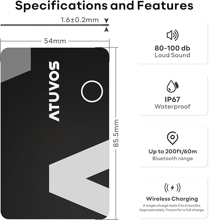 [2025 Apple MFi Certified] ATUVOS Rechargeable Wallet Tracker Card, Ultra Slim 1.6mm Wallet Card Tracker Tag Works with Apple Find My (iOS Only), Item Locator for Luggage Tags, IP67 Waterproof, 1 Pack