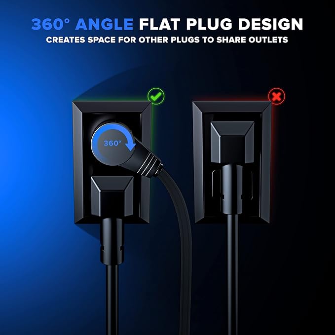 Maximm Cable 6 Ft 360° Rotating Flat Plug Extension Cord/Wire, 16 AWG Multi 3 Outlet Extension Wire, 3 Prong Grounded Wire - Black - UL Certified