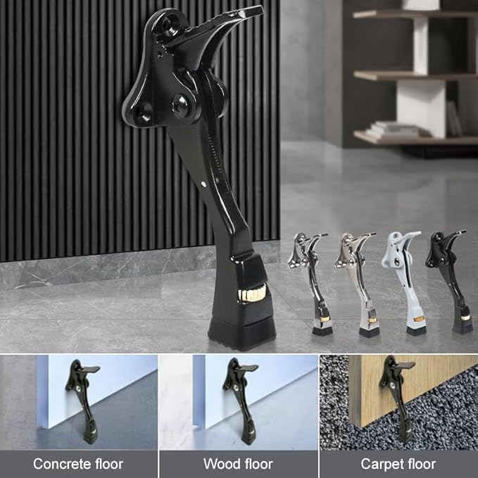 3 Packs Heavy Duty Kickdown Door Stopper, One Touch Adjustable Kickdown Door Stop for Heavy Doors, 4 in Metal Door Kickstand with Rubber Tip & Wall Protectors for Wide Doors- Black
