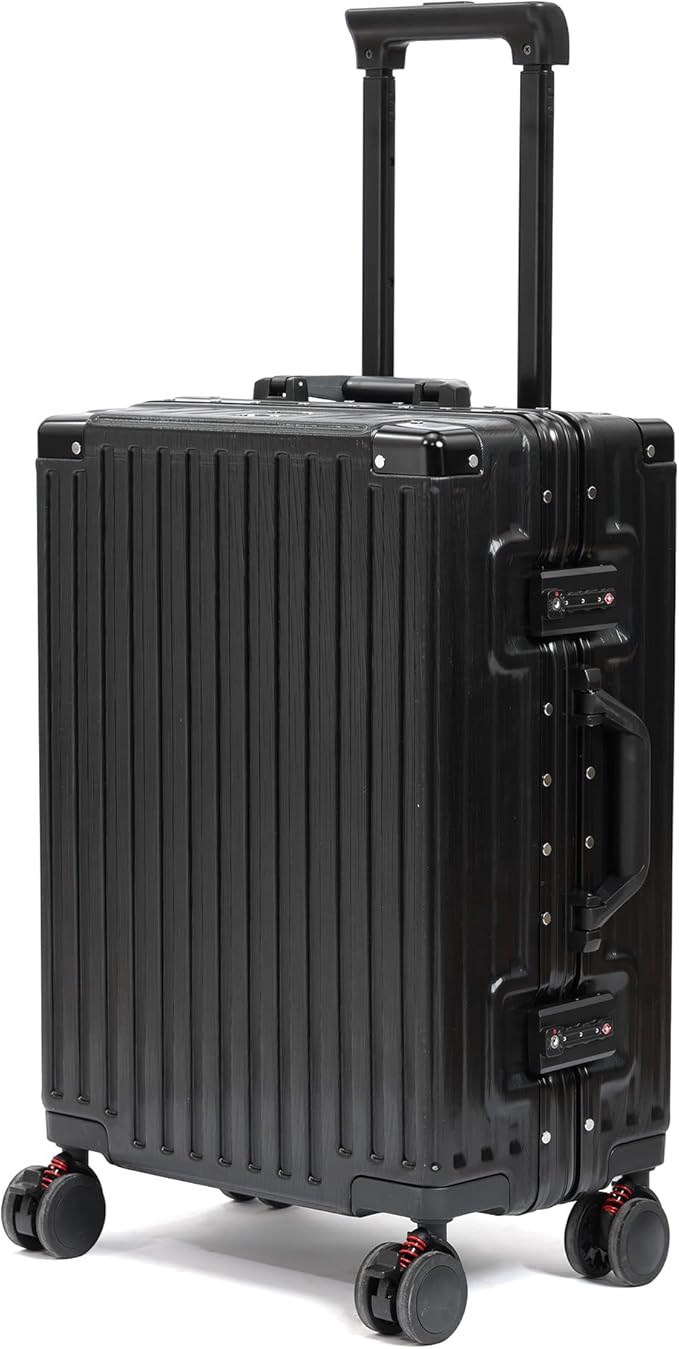 UrbanExplorer 20 Inch Carry On Luggage Aluminum Frame Airline Approved, Zipperless Luggage Carry On TSA Approved ABS+PC Hard Shell Suitcases, Lightweight Carry-On Suitcase with Cup Holder, Black