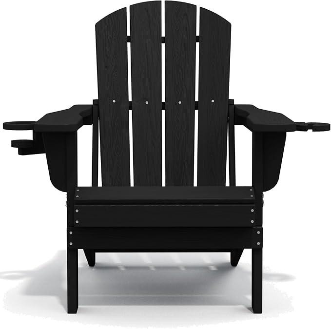 SERWALL HDPE Folding Adirondack Chair with Dual Cup Holder - Composite Adirondack Chair Set of 2- Black