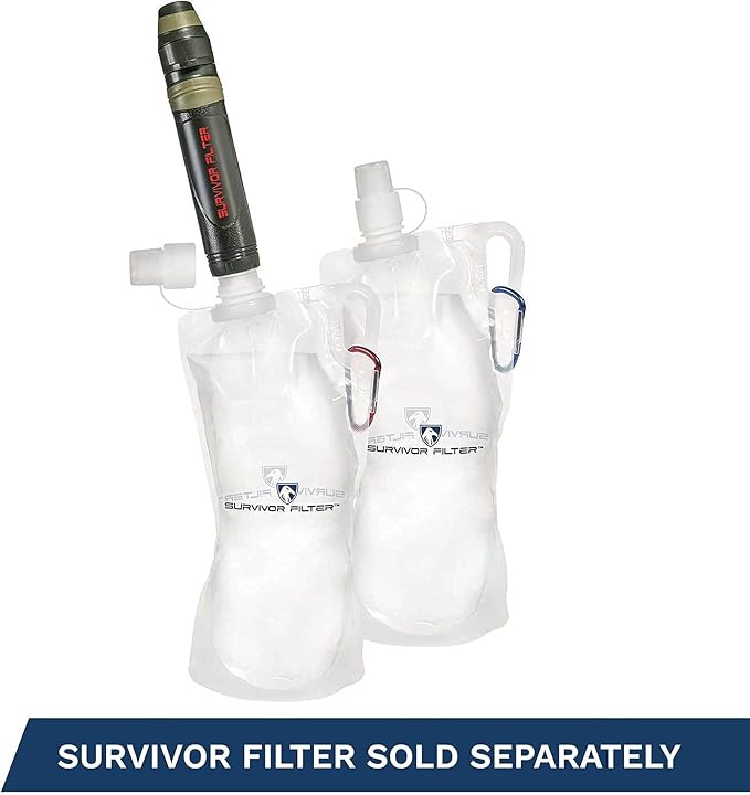 Survivor Filter Collapsible Water Bottles, Canteens (32oz) 2 Pack (2L Total) - Durable Carabiners and Handles. Squeeze Water through a Filter or Use as Water Bottles