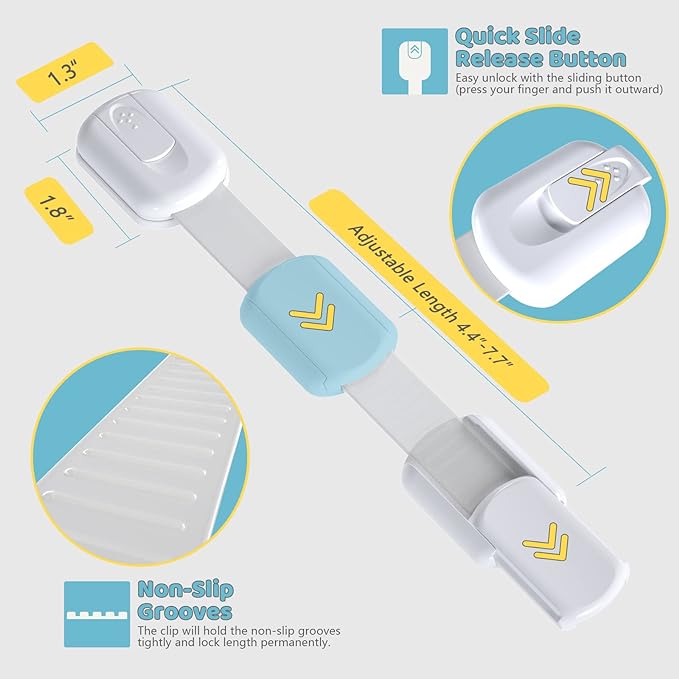 4our Kiddies 14 Pack Baby Proof Cabinet Latches, Childproof Drawer Latches with 12 Extra 3M Adhesives, Adjustable No Drilling Child Safety Cabinet Locks Straps Baby Drawer Locks for Kids Baby Safety