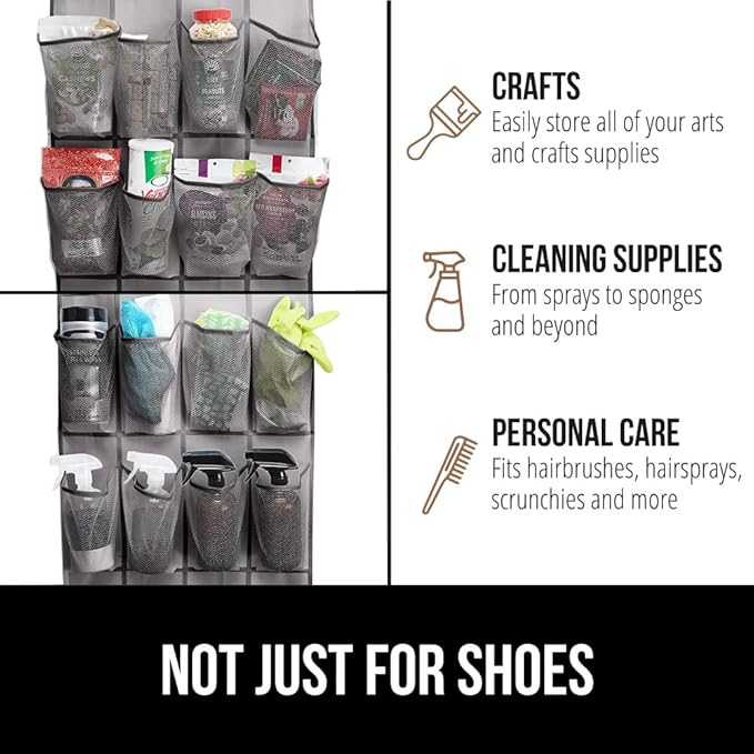 GORILLA GRIP Over the Door Shoe Organizer, 35 Large Breathable Mesh Pockets, Space Saving Hanging Storage Holder, 5 Hook Closet Rack Hanger, Hangs on Closets for Shoes, Accessories 68.5H x 24.5W Gray