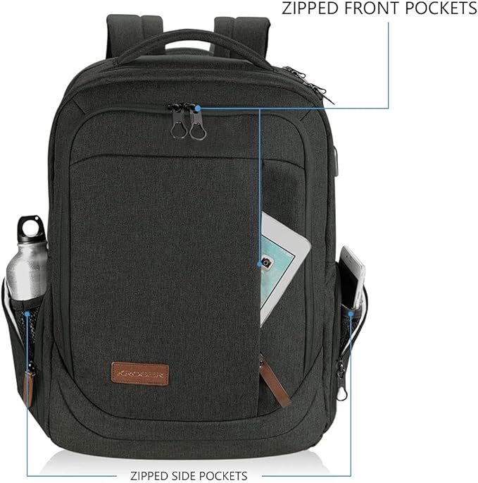 KROSER Laptop Backpack Large Computer Backpack Fits up to 17.3 Inch Laptop with USB Charging Port Water-Repellent Travel Backpack Casual Daypack for Business/College/Women/Men-Charcoal Black