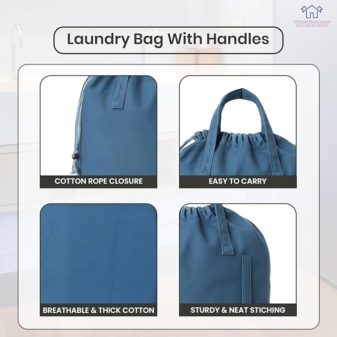 LFH Home Cotton Canvas Large Laundry Bag with Handle, Heavy Duty Drawstring Closure Washable Laundry Bags, School Travel, Home, Hotel, College Dorm, Organizer Sack, Toys Clothes 24x36-Sky Blue