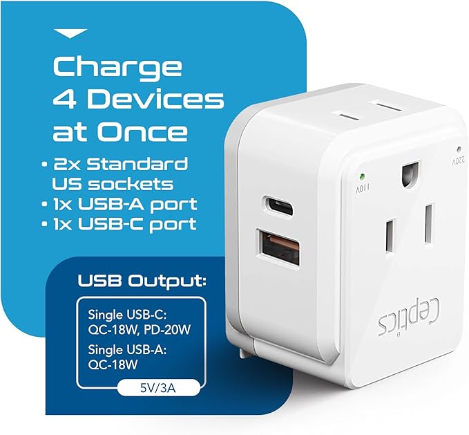 Ceptics India, Maldives Power Plug Adapter Travel Set, 20W PD & QC, Safe Dual USB & USB-C 3.1A - 2 USA Outlet - Compact - Use In Pakistan, Nepal, Bangladesh Includes Type D, Type C SWadAPt Attachments