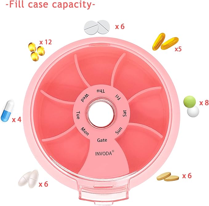 INVODA Weekly Pill Organizer 7 Compartment Rotating Pill Box for Daily Medication & Vitamins - Portable Travel Pill Case Fish Oil Supplements Vitamins Organizer (Pink+Blue)
