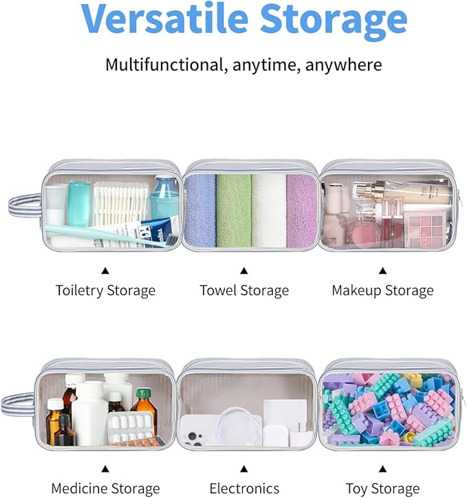 Narwey Clear Toiletry Bags for Traveling Women Men, Clear Travel Bags for Toiletries Makeup Bag Cosmetic Bag with Zipper, Make Up Organizer, Skincare Bag (Greyish Blue Stripe)