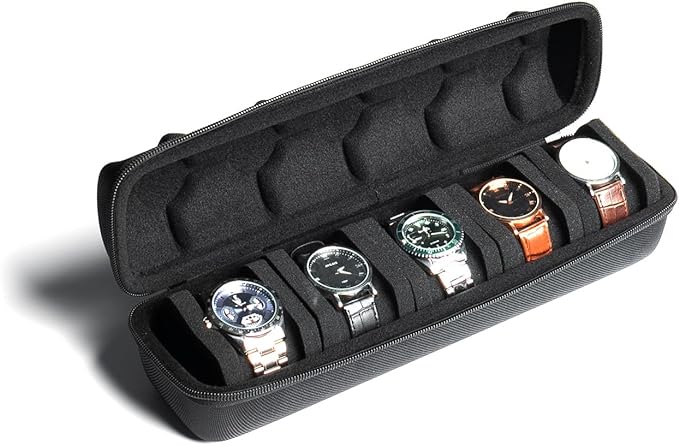 Hard Watch Travel Case, 5 slot Watch Roll Case Storage and Organizer for Men and Women, with anti-move watch pillow