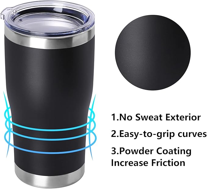 DOMICARE 20oz Tumbler with Lid Stainless Steel Tumblers Bulk, Double Wall Vacuum Insulated Coffee Travel Mug Powder Coated Tumbler, Black