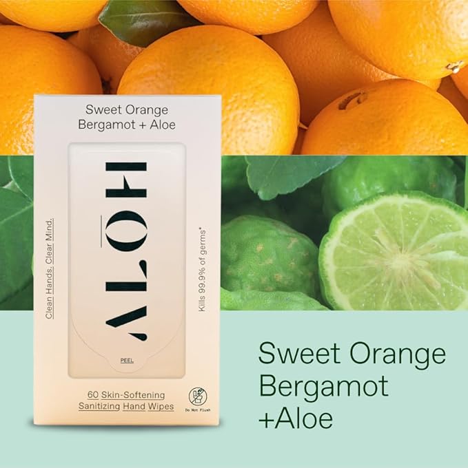 ALŌH Sweet Orange Bergamot + Aloe Sanitizing Hand Wipes - Clean Hands, Clear Mind - On The Go Hand Sanitizer Wipes for Kids and Adults - Travel Size (6 Pack, 20ct Wipes)