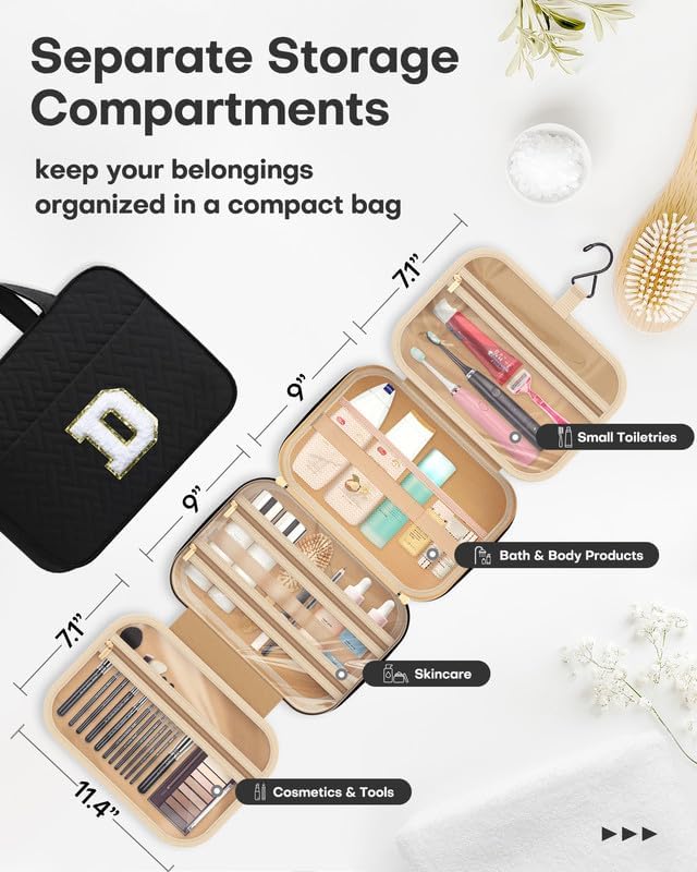 HOTOR Travel Toiletry Bag - Personalized Chenille Initial Makeup Bag, Water-Resistant Personalized Gifts for Women, Portable Travel Accessories & Essentials, Letter D, Black, 11.4"×9.0"×3.35"