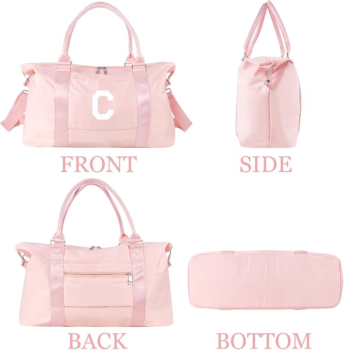Initial Travel Duffel Bag Sports Gym Bag for Girls Teen Birthday Gifts,Pink Personalized Weekender Bag Carry On Tote Bags for Women Men,Waterproof Overnight Luggage Bag with Trolley Sleeve(Letter C)