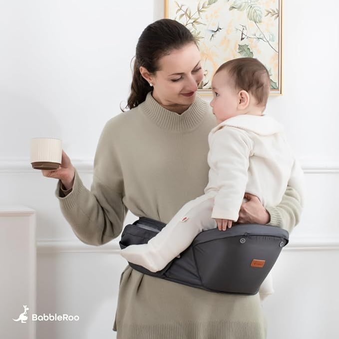 BabbleRoo Grow Carrier – 6-in-1 Baby Carrier with Hip Seat, Ergonomic, Cozy & Adjustable Toddler Carrier 7-50 lbs with Hip & Lumbar Support, Hood for Sun Protection, Newborn to Toddler, Navy Hearts