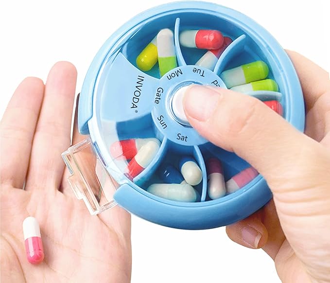 INVODA Weekly Pill Organizer 7 Compartment Rotating Pill Box for Daily Medication & Vitamins - Portable Travel Pill Case Fish Oil Supplements Vitamins Organizer (Blue+Orange)