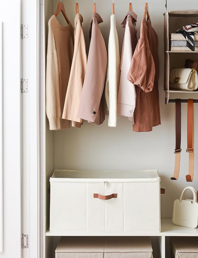 StorageWorks Shoe Organizer for Closet, Fits up to 24 Pairs, Shoe Cubby Storage Containers with Adjustable Dividers and Clear Cover, Beige