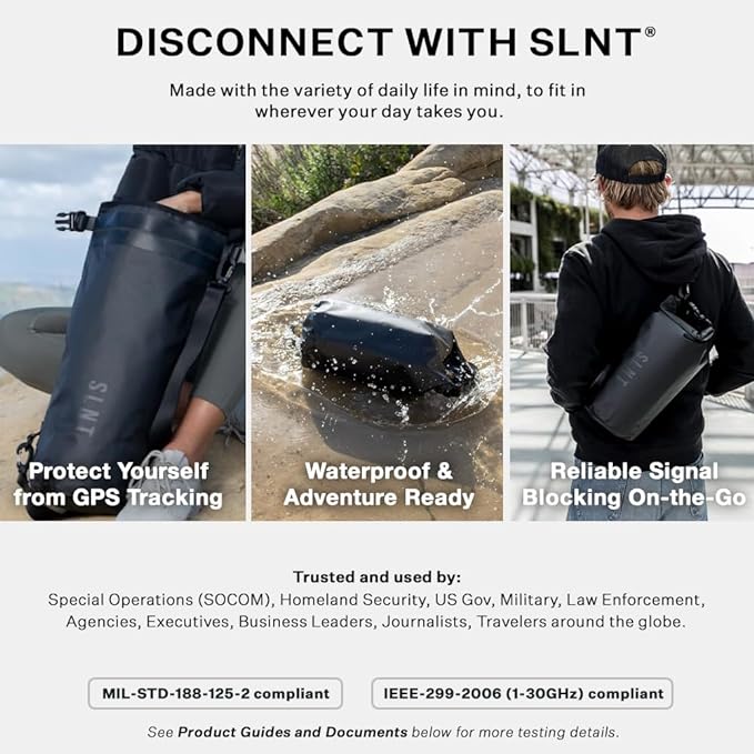 SLNT Waterproof Faraday Dry Bag - 420D Waterproof Nylon Signal Blocking Backpack - Protects Electronics from Water, Spying, Hacking - Blocks RFID, WiFi, Bluetooth, NFC, Cellular, GPS, EMF (5 Liter)