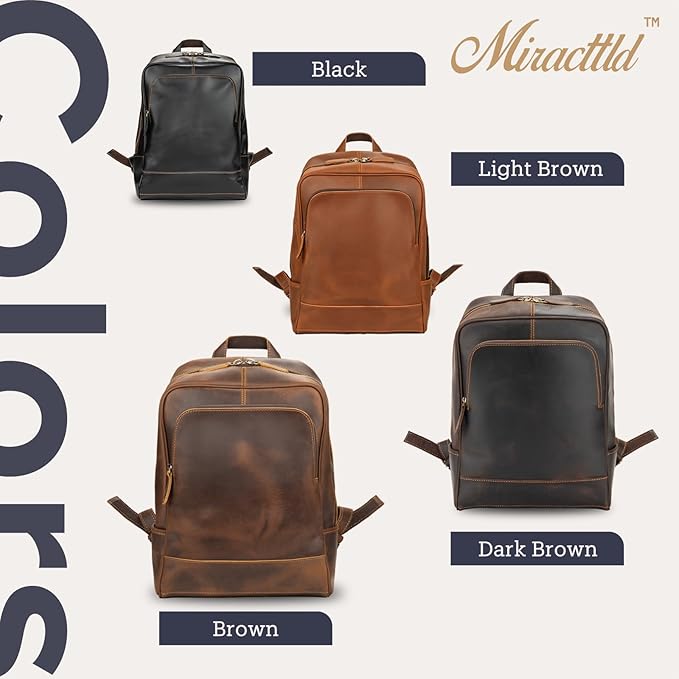 Leather Backpack for Men 15.6" Laptop Backpack 100% Madagascar top-Grain Leather Backpack Dark Brown Medium Size