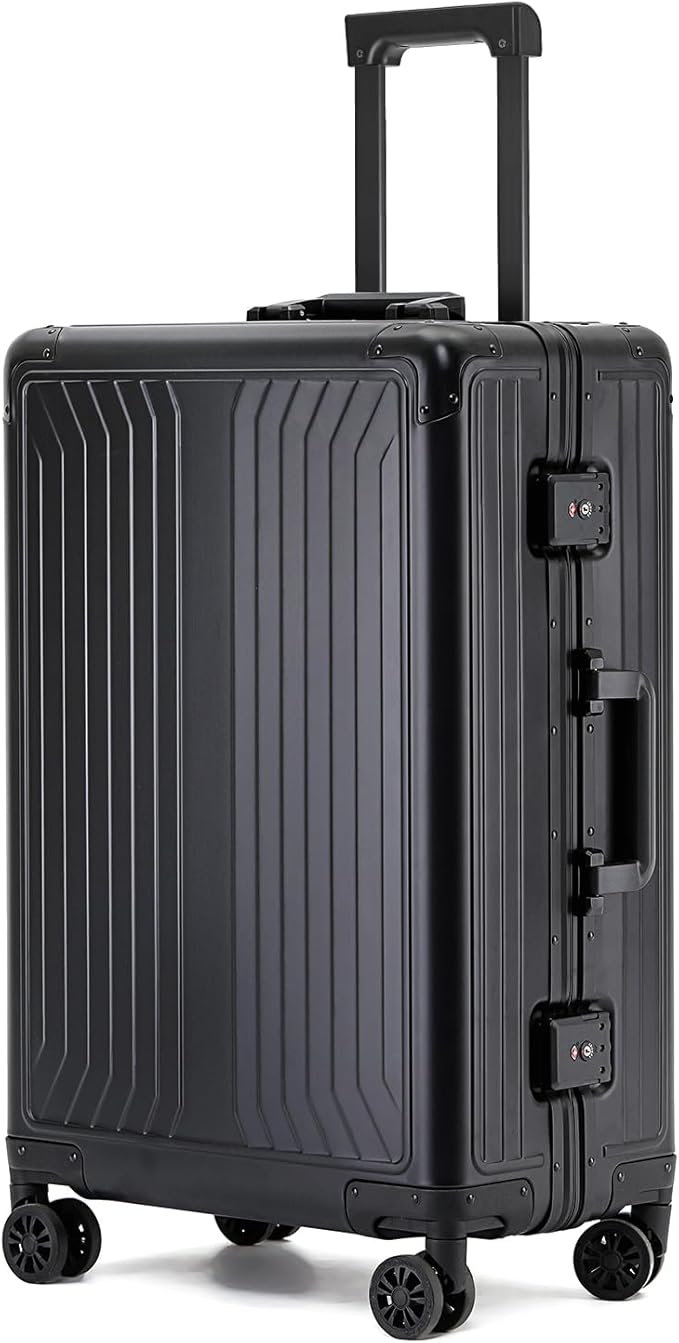 Metal all aluminum carry-on suitcase 20 "hard face, TSA lock and rotating wheel zippered luggage set (black, 20 '')