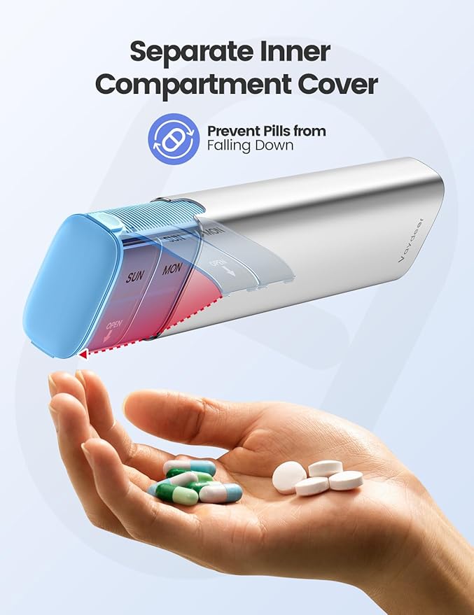 Vaydeer 7 Day Weekly Pill Organizer (Support 2 Times a Day), Metal Travel Pill Case, Large Capacity Daily Cute Pill Box for Supplements, Pills, Vitamins and Medication (Purple), 8.3*2.1*1.2 Inch