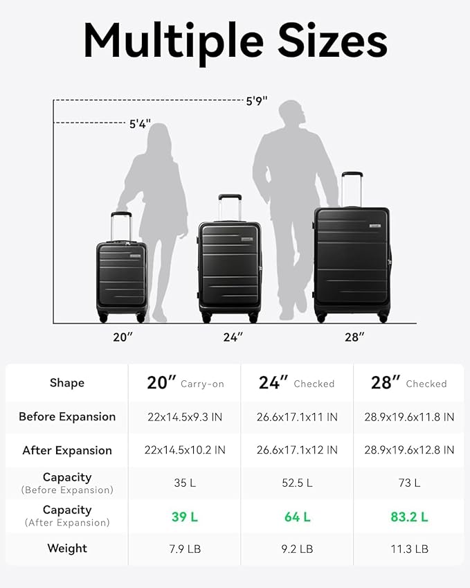 LUGGEX 24 Inch Luggage with Spinner Wheels, Expandable PC Hard Shell Checked Suitcase with Front Opening, Lightweight (Charcoal Metallic, 24 Inch)