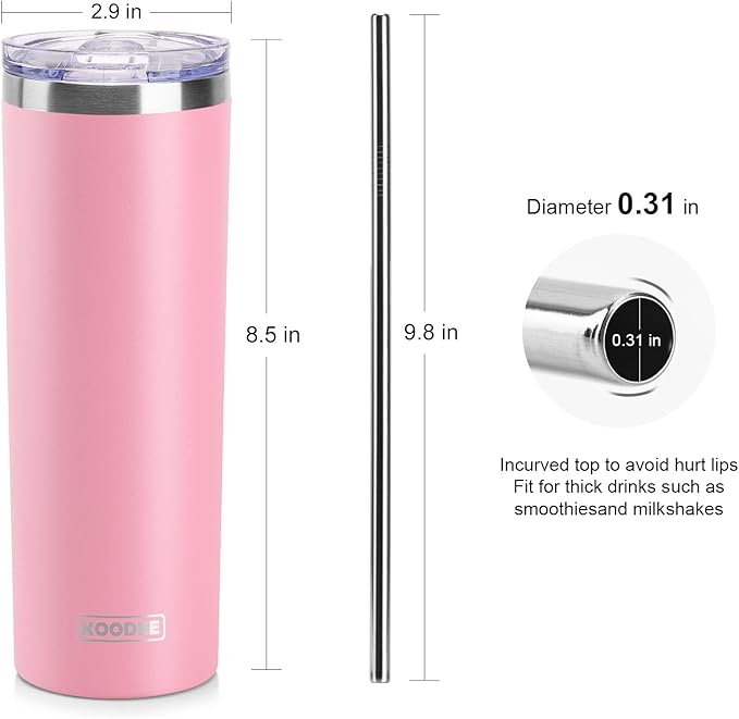 koodee 20 oz Stainless Steel Skinny Tumblers (2 Pack) Double Wall Insulated Water Tumbler Cup with Lid and Straw, Slim Travel Tumbler for Women/Men Diy Birthday Gift （Baby Blue-Pink）