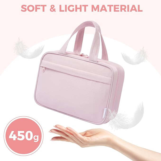 Toiletry Bag For women,Portable Hanging Organizer,4 Leakproof Compartment for full-sized Conditioner, Brushes Set, Makeup Accessories,Visible and easy to access.L-light pink