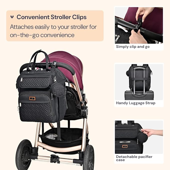 BabbleRoo Diaper Bag Backpack, Multifunction Nappy Changing Bag with Changing Pad, Stroller Straps & Pacifier Case, Unisex Stylish Travel Back Pack for Moms & Dads - Black