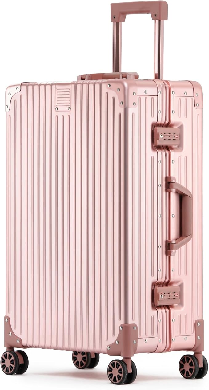 Metal All Aluminum Carry-on Luggage TSA Customs Lock Zipperless Silent Rotary Wheel Business Suitcase Aluminum Frame Set (rose gold, 26 '')