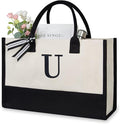 TOPDesign Embroidery Initial Canvas Tote Bag, Personalized Present Bag, Suitable for Wedding, Birthday, Beach, Holiday, is a Great Gift for Women, Mom, Teachers, Friends, Bridesmaids (Letter U)