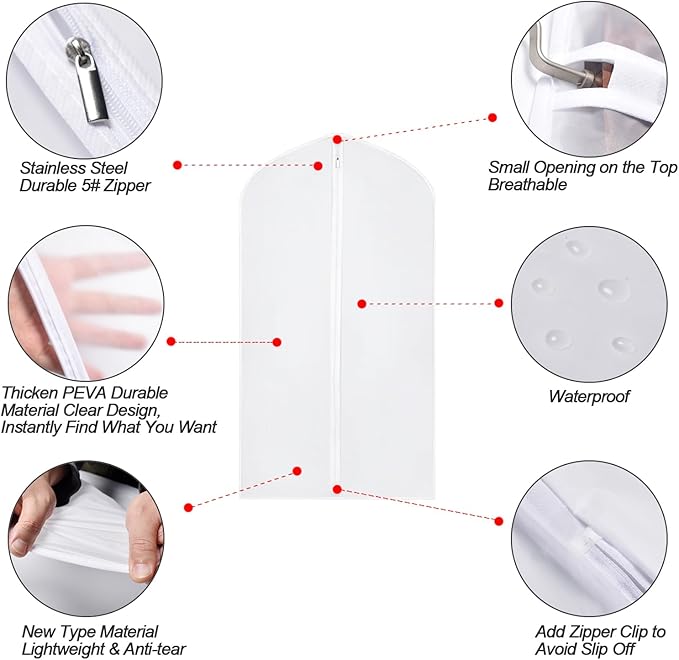 Garment Bags for Hanging Clothes 24''X48'' Suit Bags for Closet Storage (Pack of 6) Plastic Waterproof Suit Cover Bags with Zipper for Coats, Jackets, Shirts