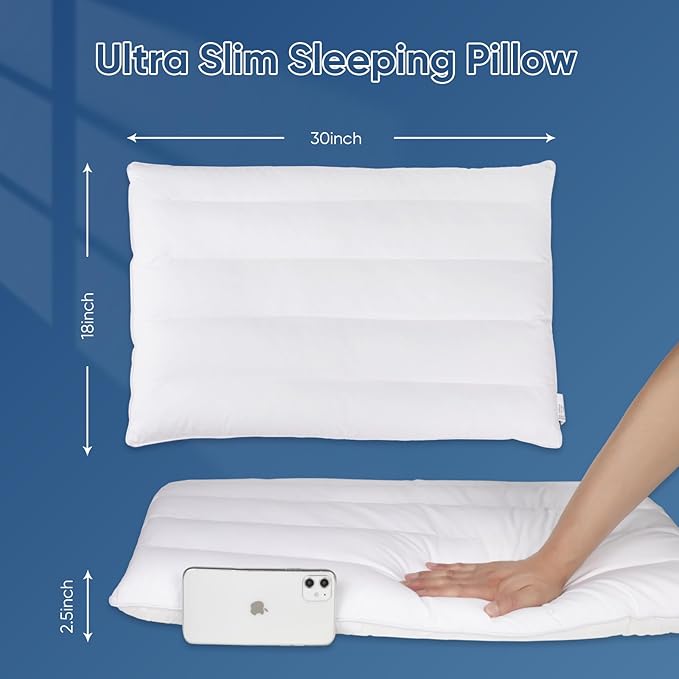 MINUPWELL Ultra Flat Pillows for Sleeping Thin, 7D High Support 2.5 inch Height Ultra Thin Pillows,Slim Bed Pillows for Stomach Sleeper,Queen Size -18x30 in