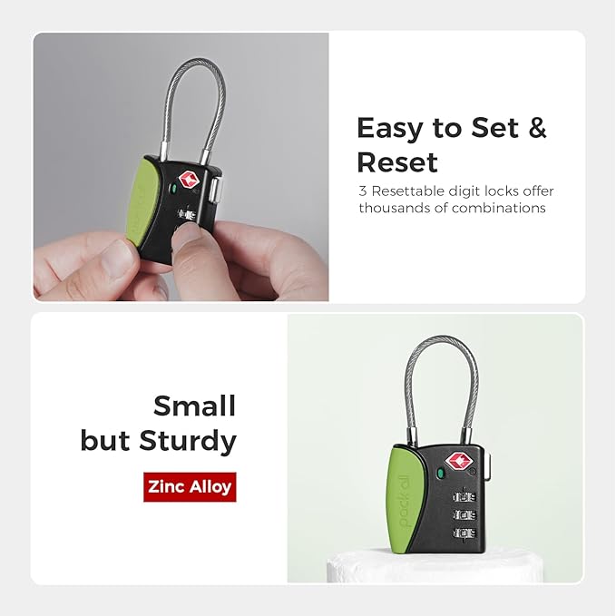 pack all TSA Approved Cable Luggage Locks, 3 Digit Combination Padlocks, Travel Lock for Suitcases & Bag, Alloy Body, Travel Accessories (4 Pack)（Apple Green）