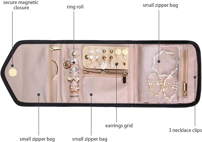 BAGSMART Travel Jewelry Organizer Case Foldable Jewelry Roll for Journey Rings, Necklaces, Earrings, Bracelets, Mini, Black