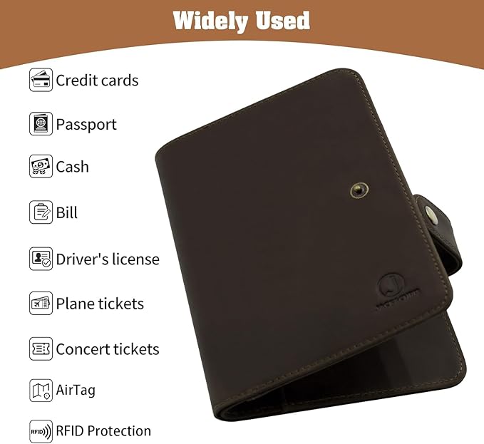 Jack&Chris Genuine Leather Handmade Passport Holder For Travel, RFID Blocking Passport Holder with Card Slots, Travel Essentials wallet with Pen Holder for Women and Men for Gifting, Coffee