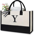 TOPDesign Embroidery Initial Canvas Tote Bag, Personalized Present Bag, Suitable for Wedding, Birthday, Beach, Holiday, is a Great Gift for Women, Mom, Teachers, Friends, Bridesmaids (Letter Y)