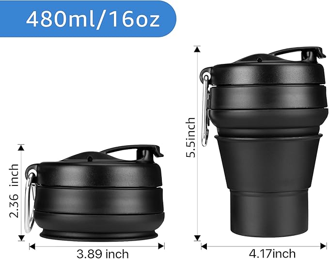 Collapsible Coffee Cup, 16 OZ 480ml Silicone Travel Folding Cup, Leak Proof BPA Free Portable Cup, Travel mug with Lids for Camping hiking (16OZ)