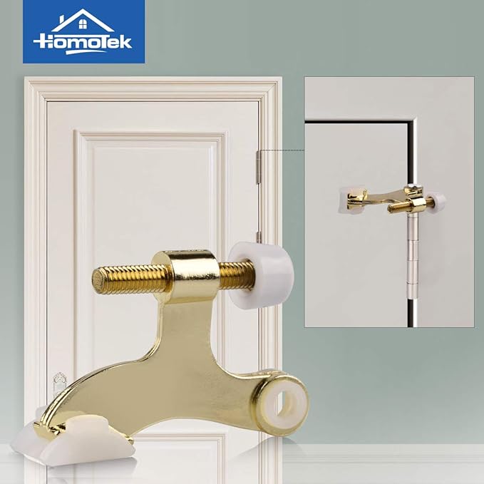 HOMOTEK 2 Pack Hinge Pin Bright Brass Door Stopper, Gold Door Stops, Adjustable Deluxe Heavy Duty Door Stopper 2-1/2"x1-3/4”,with White Rubber Bumper Tips