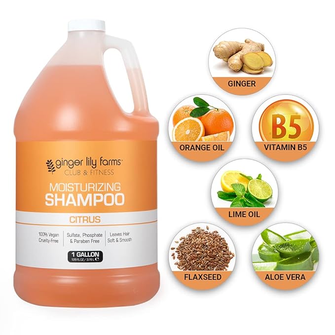 Ginger Lily Farms Club & Fitness Moisturizing Shampoo for All Hair Types, 100% Vegan & Cruelty-Free, Citrus Scent, 1 Gallon (128 fl oz) Refill