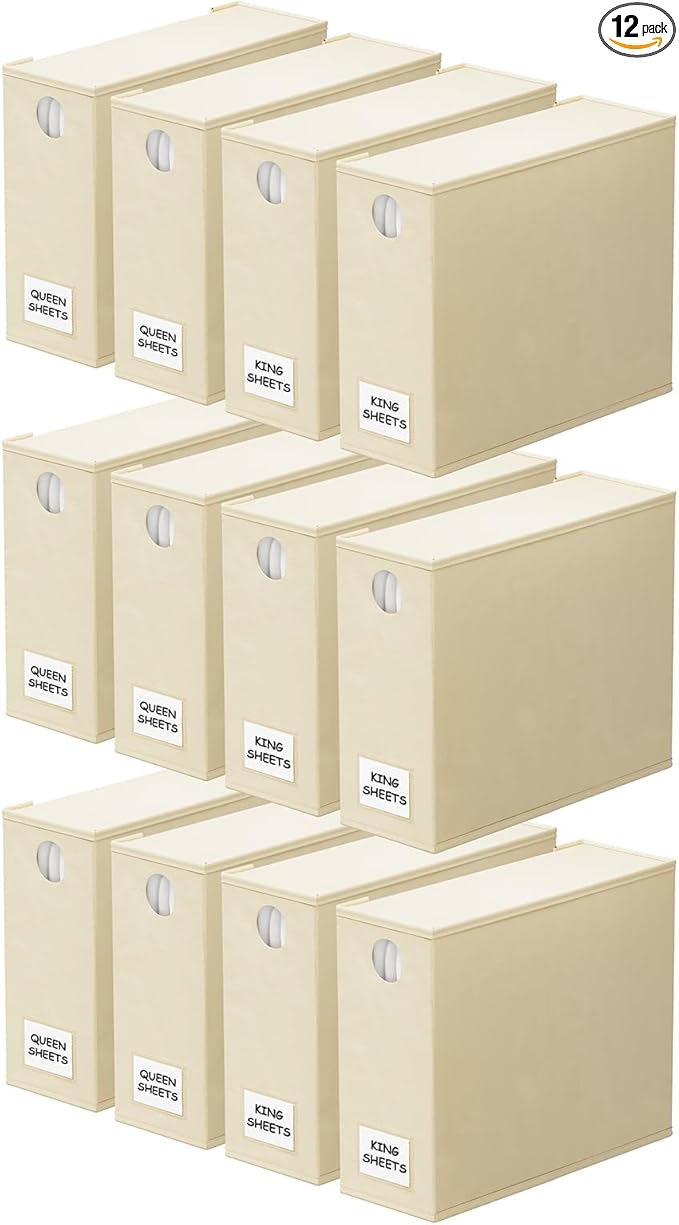 SpaceAid 12 Pack Bed Sheet Organizers and Storage, Foldable Organizer for Linen Closet, Set Folder Keeper With Window XL (Queen & King Size) Bedding Container (Beige)