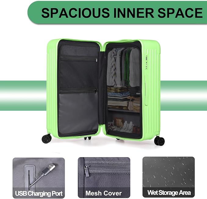 Krute Luggage with Spinner Double Wheels Suitcases with USB Port and Cup Holder TSA Lock PC+ABS Hardside Checked Luggage 28 Inch (AppleGreen