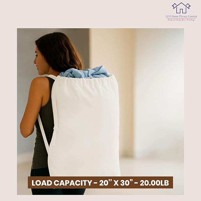 LFH Home Cotton Canvas Large Laundry Bag with Handle, Heavy Duty Drawstring Closure Washable Laundry Bags, School Travel, Home, Hotel, College Dorm, Organizer Sack, Toy Clothes 20x30 (Pack of 2)-White
