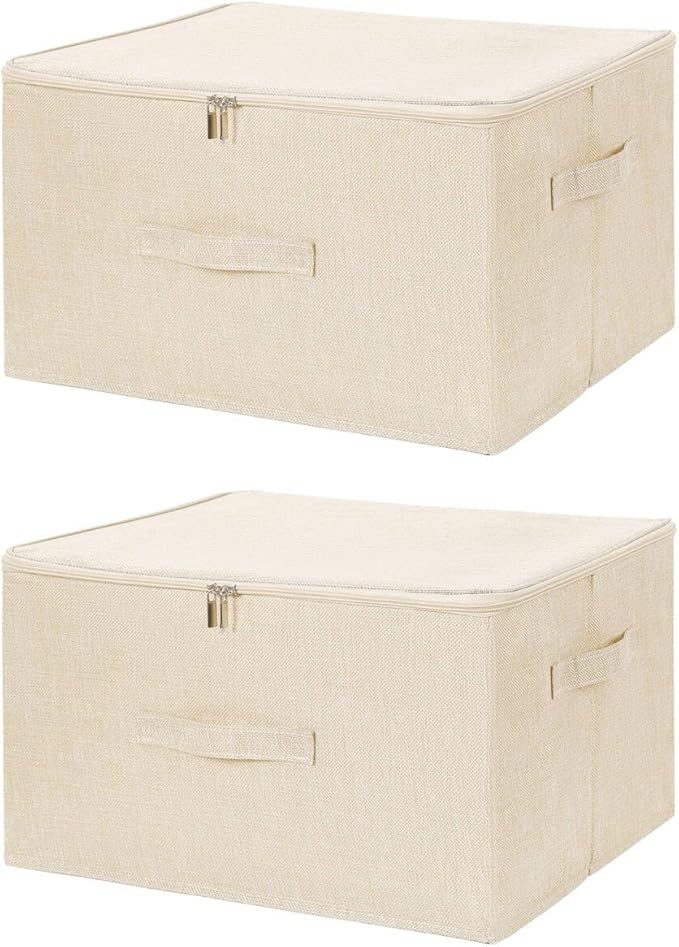 ANMINY 2PCS Storage Bins with Zipper Lids 51.9 Qt Lidded Fabric Storage Boxes Baskets Cubes with Handles Collapsible Washable Cotton Linen Closet Shelf Clothes Organizer - Beige, Extra Large