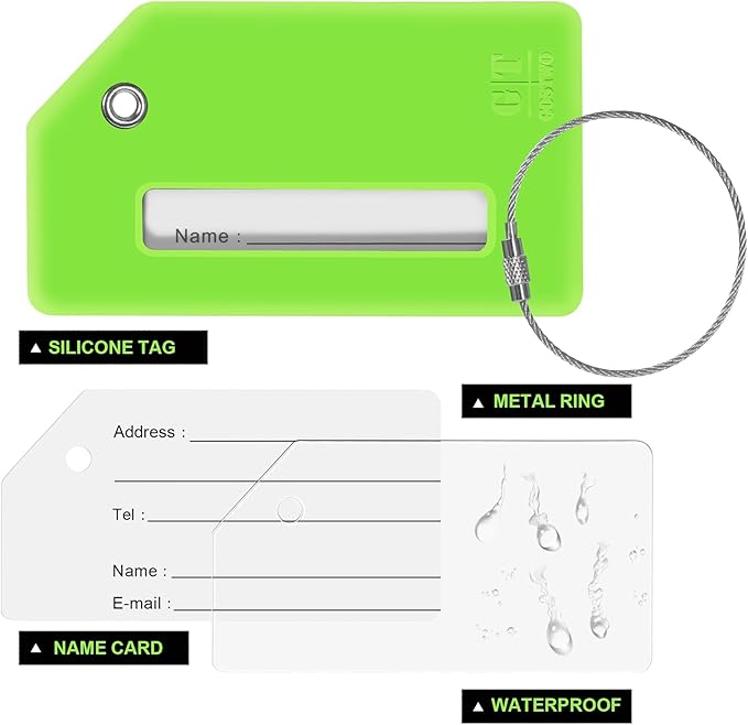 8 Pcs Luggage Tags for Suitcases, 26 Initial Letter Travel Luggage Baggage Identification Labels ID Tags Fully Bendable Tags with Stainless Steel Loop (Letter L, Green)