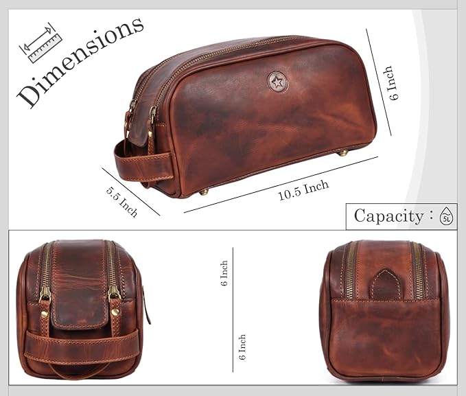 10" Premium Leather Toiletry Travel Pouch With Waterproof Lining | King-Size Handcrafted Vintage Dopp - Kit By Aaron Leather Goods (Dark Brown)