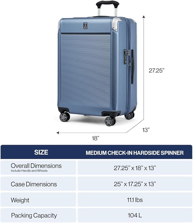 Travelpro Platinum Elite Hardside Expandable Checked Luggage, 8 Wheel Spinner, TSA Lock, Hard Shell Polycarbonate Suitcase, Dark Sky Blue, Checked Medium 25-Inch