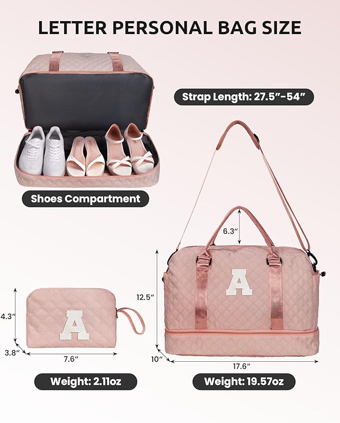 Gifts for Mom-Initial Duffle Bag with Shoe Compartment, Personalized Weekender Bag, Monogram Overnight Bag, Letter Travel Bag with Makeup Bag，Personalized Gifts Idea for Women Her (Letter F)