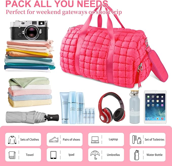 Quilted Travel Duffle Bag Gym Bag for Women,Large Puffer Duffle Weekender Bag with Compartment,Workout Overnight Carry on Organizer Bag Duffle Bag for Airplane Travel(L-Rosered)