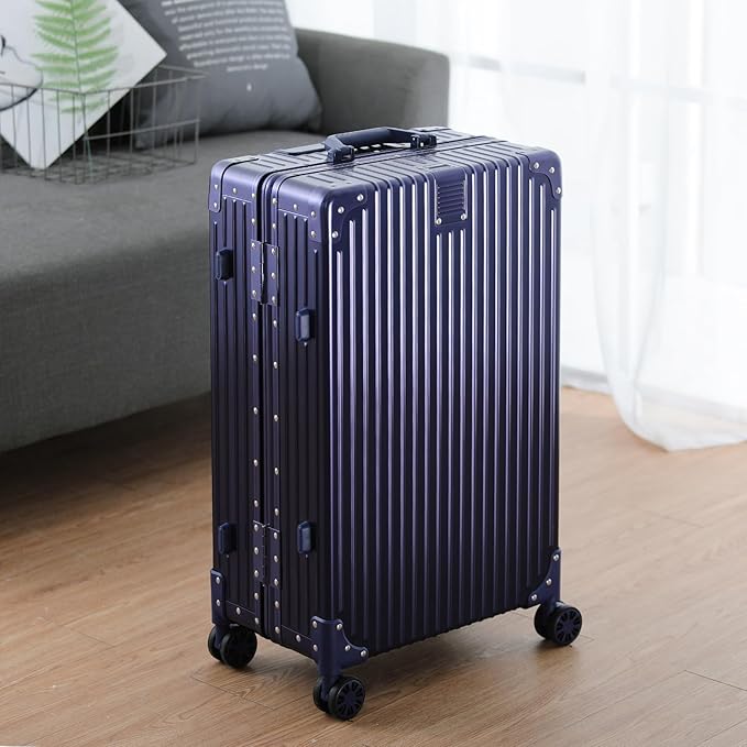 Metal All Aluminum Carry-on Luggage TSA Customs Lock Zipperless Silent Rotary Wheel Business Suitcase Aluminum Frame Set (blue, 26 '')